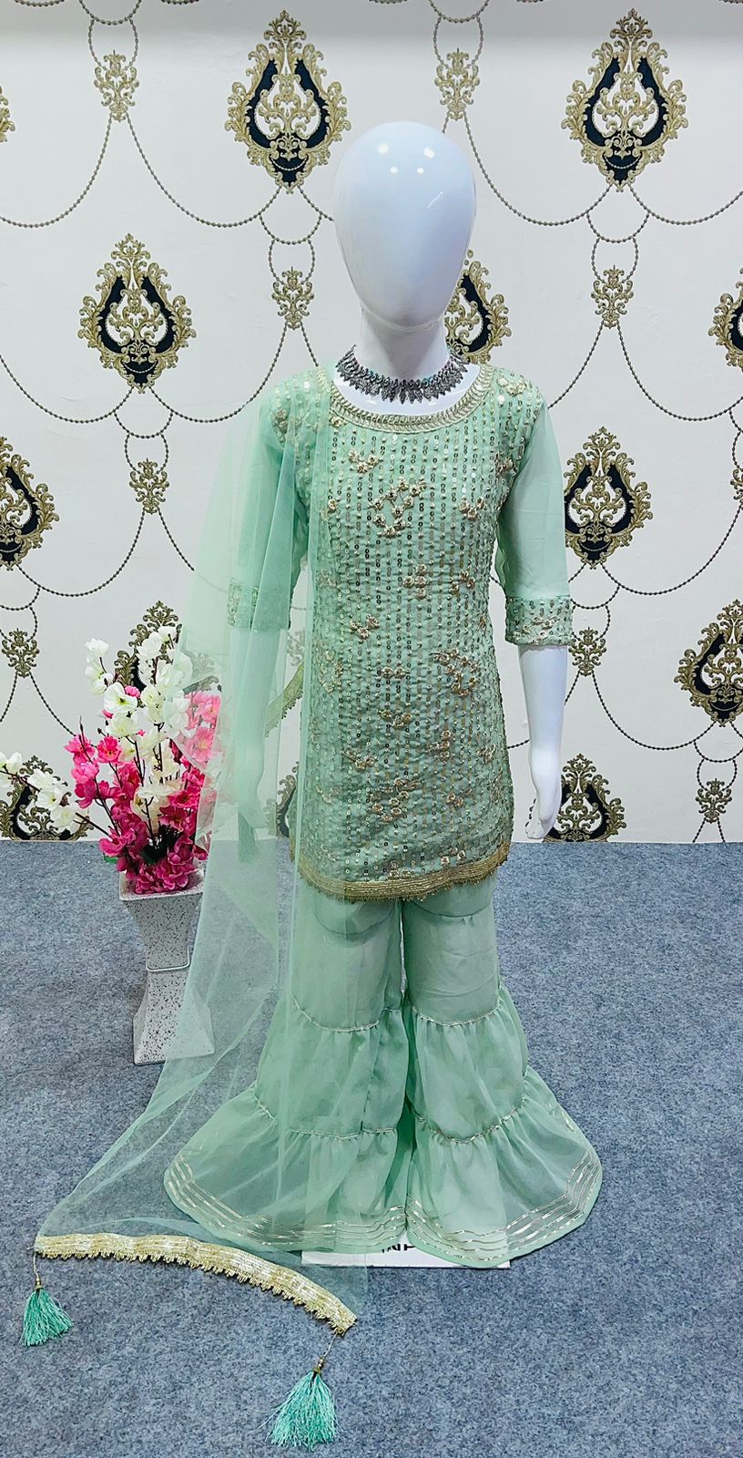 New Designer Heavy Fox Georgette Embroidery Top-Sharara With Dupatta OC-107 Green