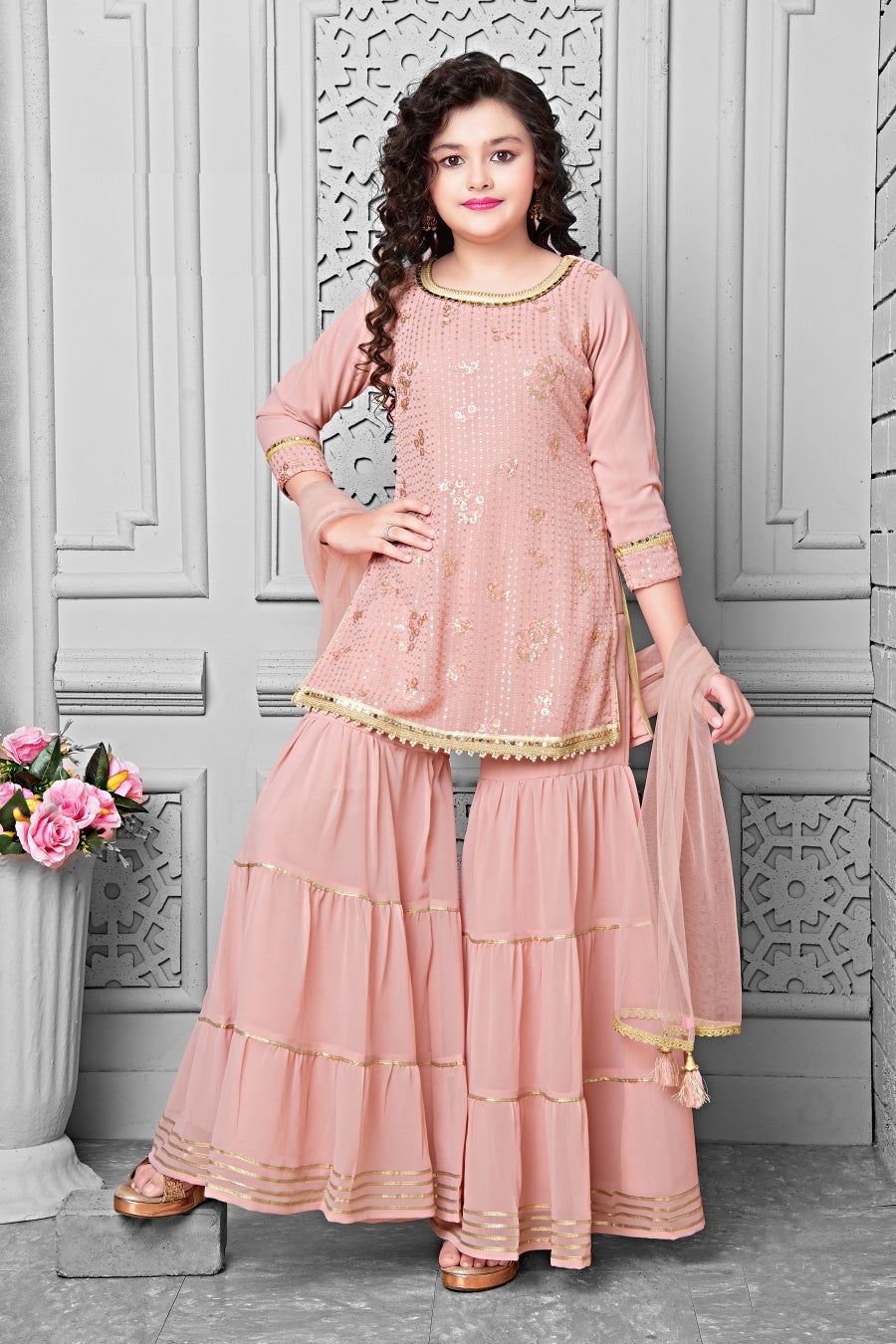 New Designer Heavy Fox Georgette Embroidery Top-Sharara With Dupatta OC-107 Peach