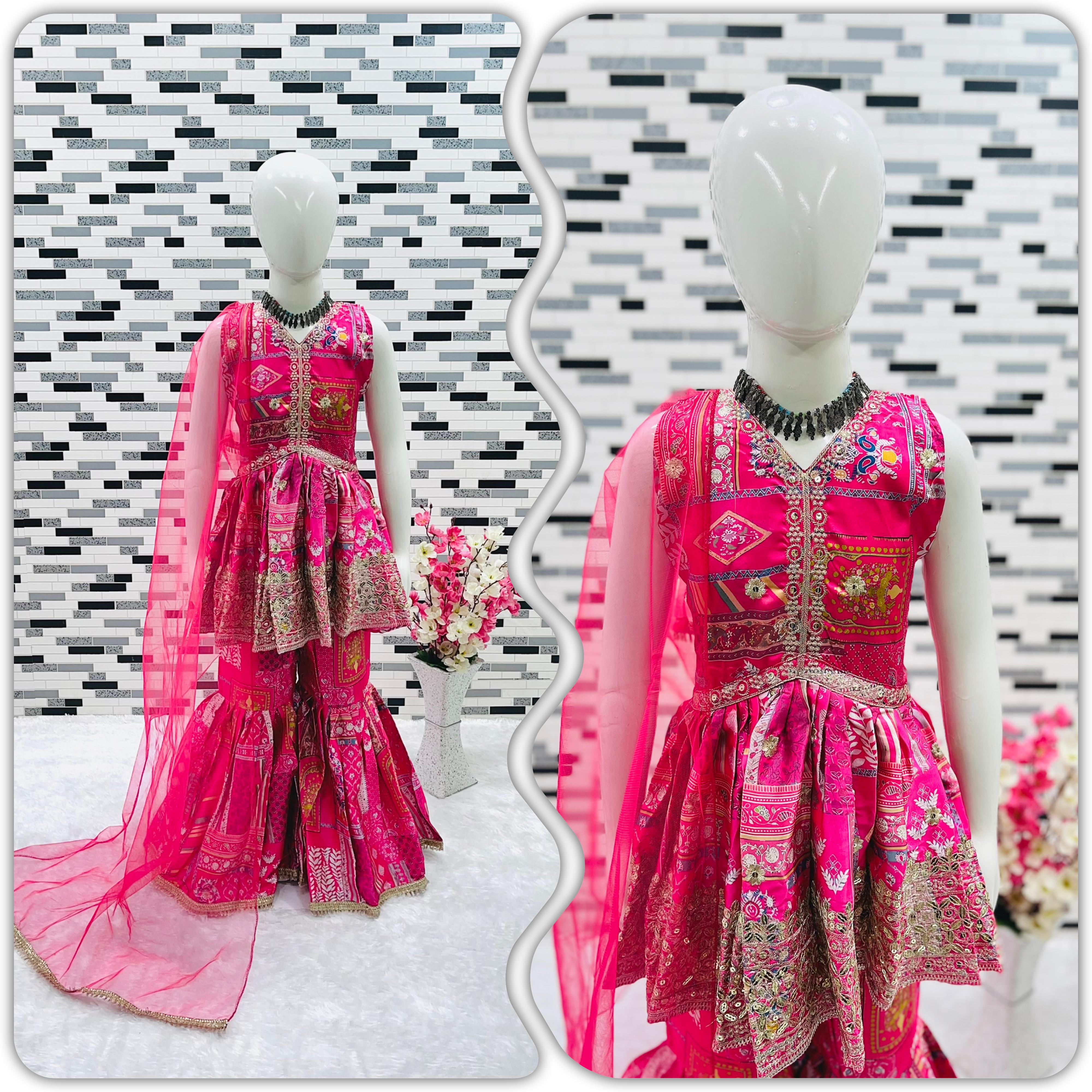 New Designer Heavy Japan Satin Embroidery Work Top And Sharara OC-163