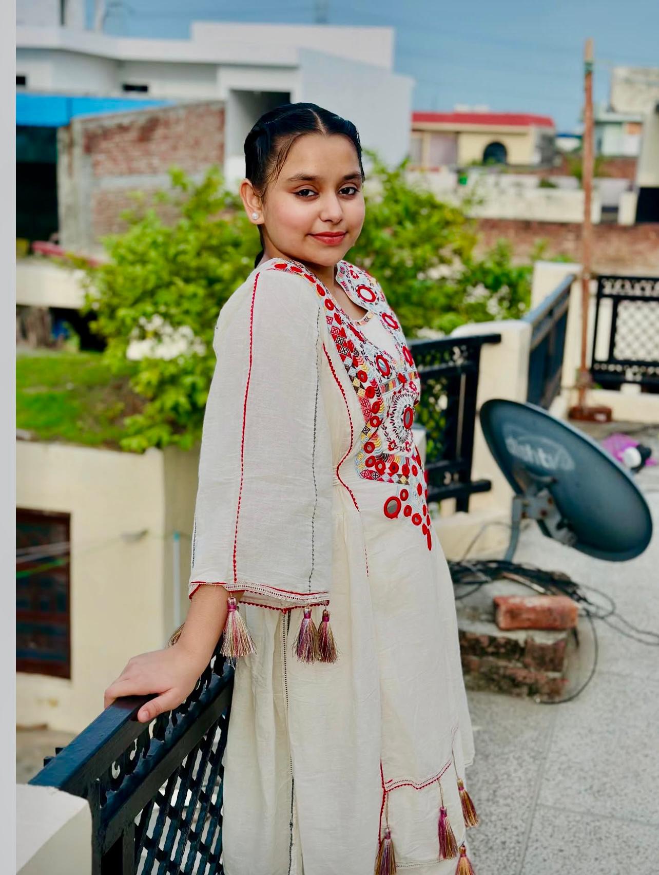 Pure Khadi Cottan With Real Mirror Work Top-Plazzo Ready To Wear OC-225-off white