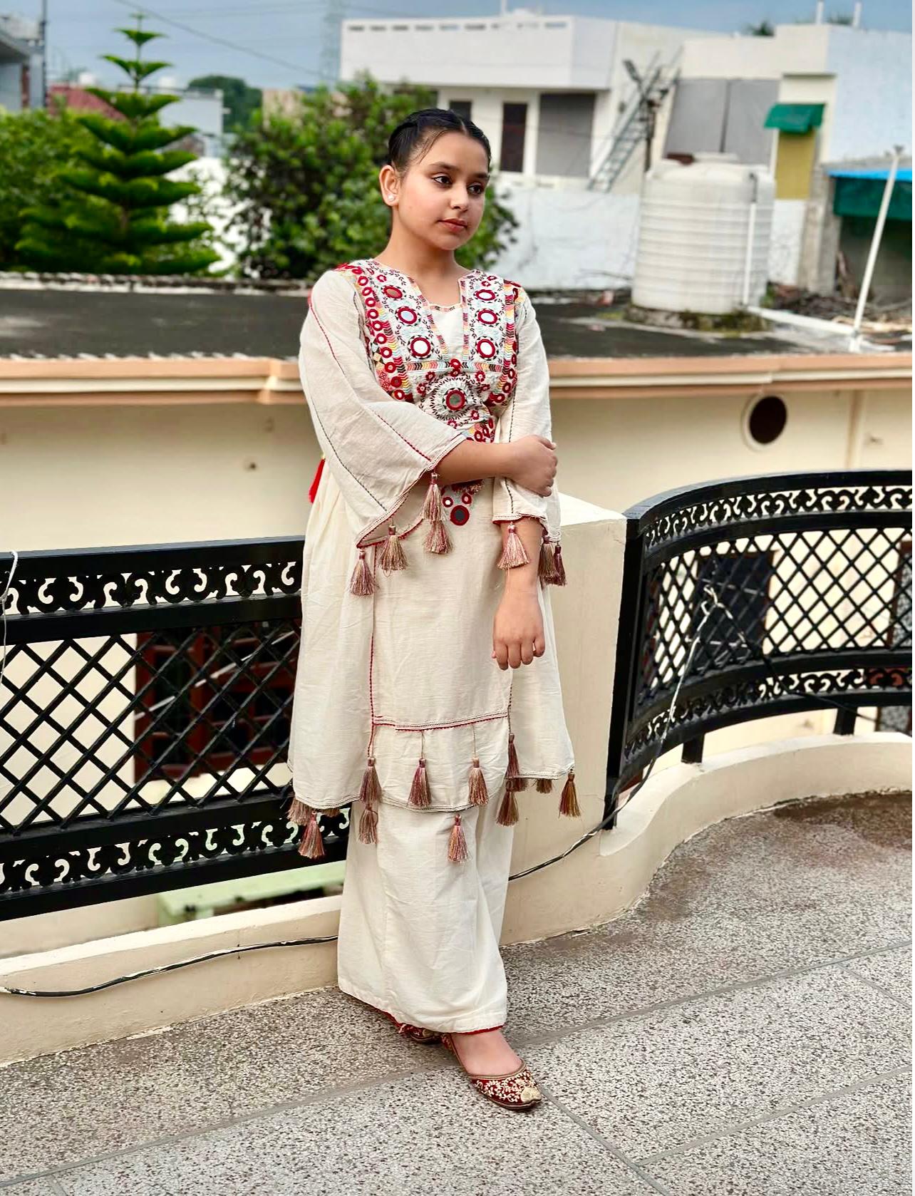 Pure Khadi Cottan With Real Mirror Work Top-Plazzo Ready To Wear OC-225-off white
