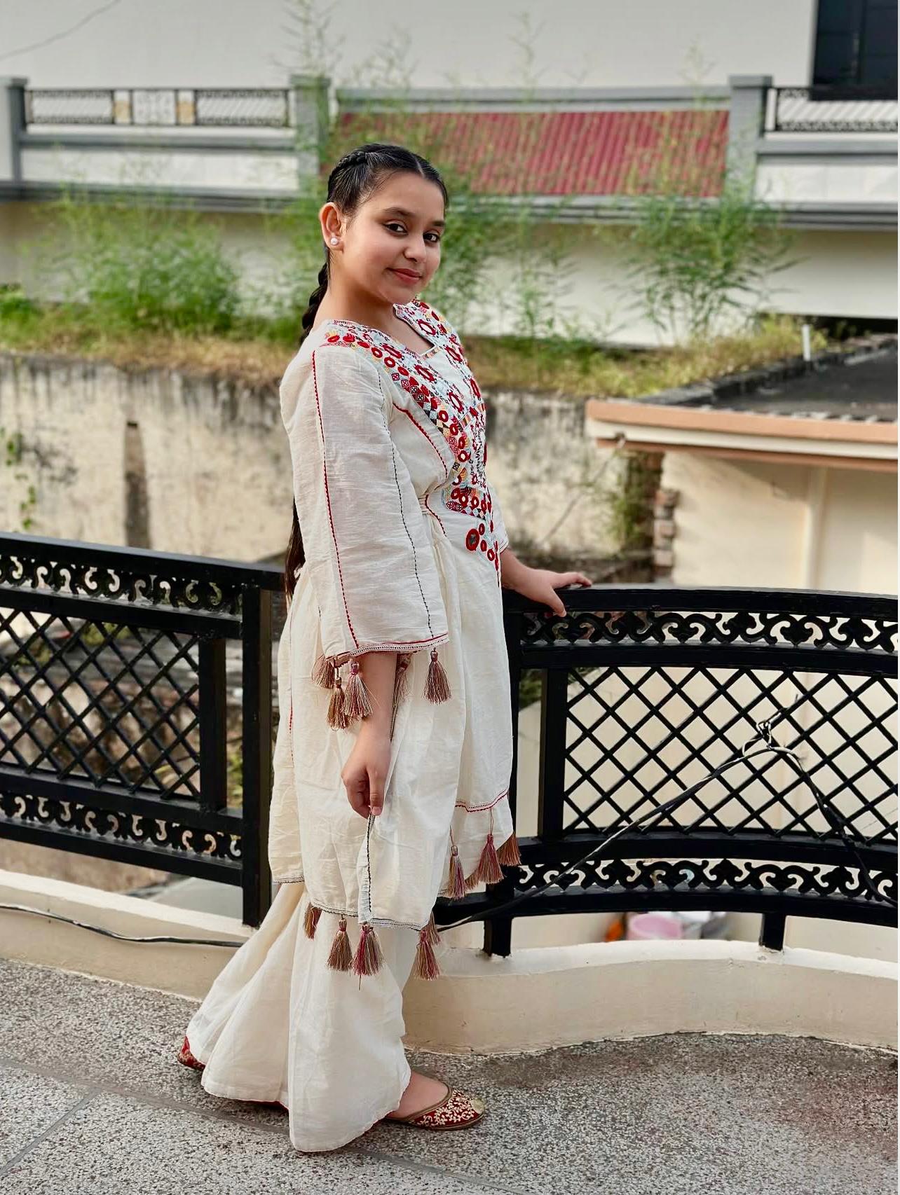 Pure Khadi Cottan With Real Mirror Work Top-Plazzo Ready To Wear OC-225-off white