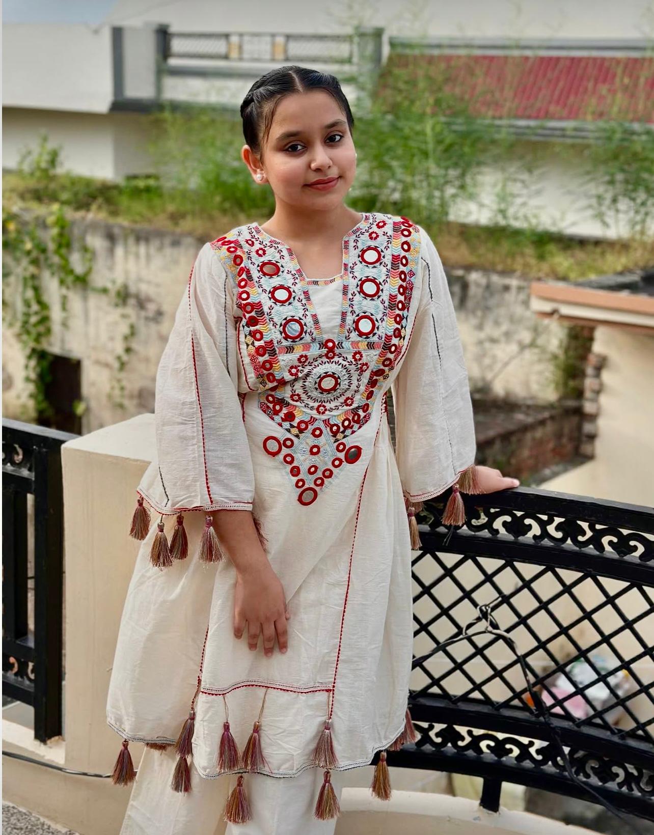 Pure Khadi Cottan With Real Mirror Work Top-Plazzo Ready To Wear OC-225-off white