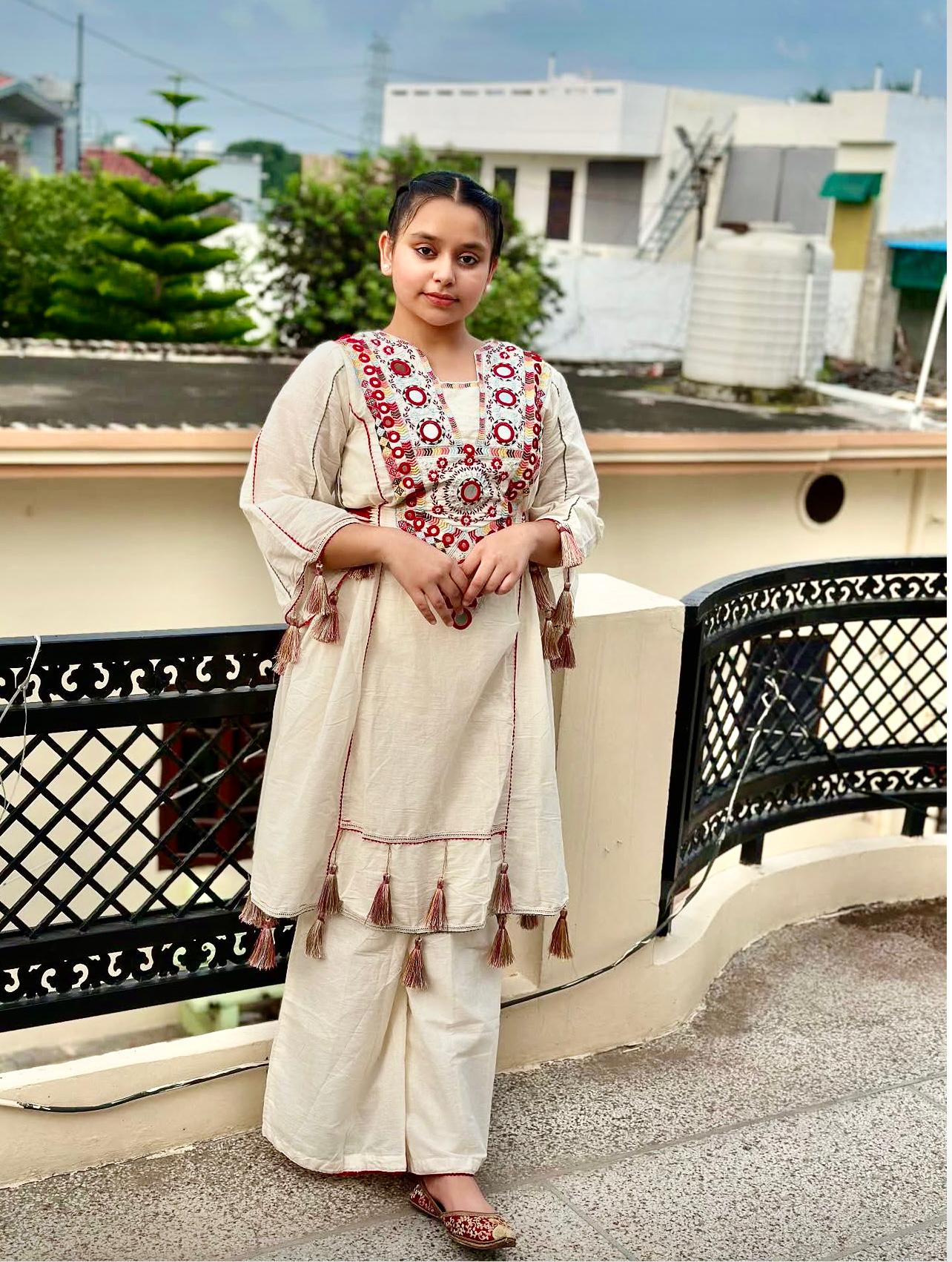 Pure Khadi Cottan With Real Mirror Work Top-Plazzo Ready To Wear OC-225-off white