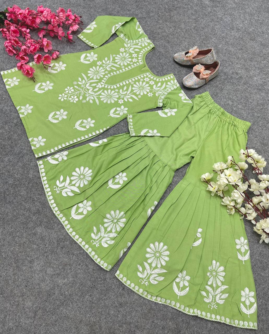 New Designer Heavy Rayon Cotton Top-Sharara OC-140 Green