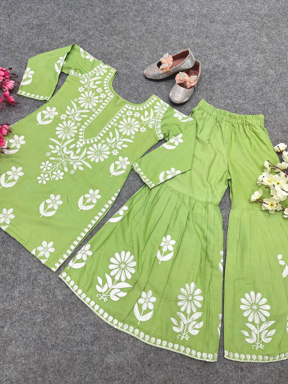 New Designer Heavy Rayon Cotton Top-Sharara OC-140 Green