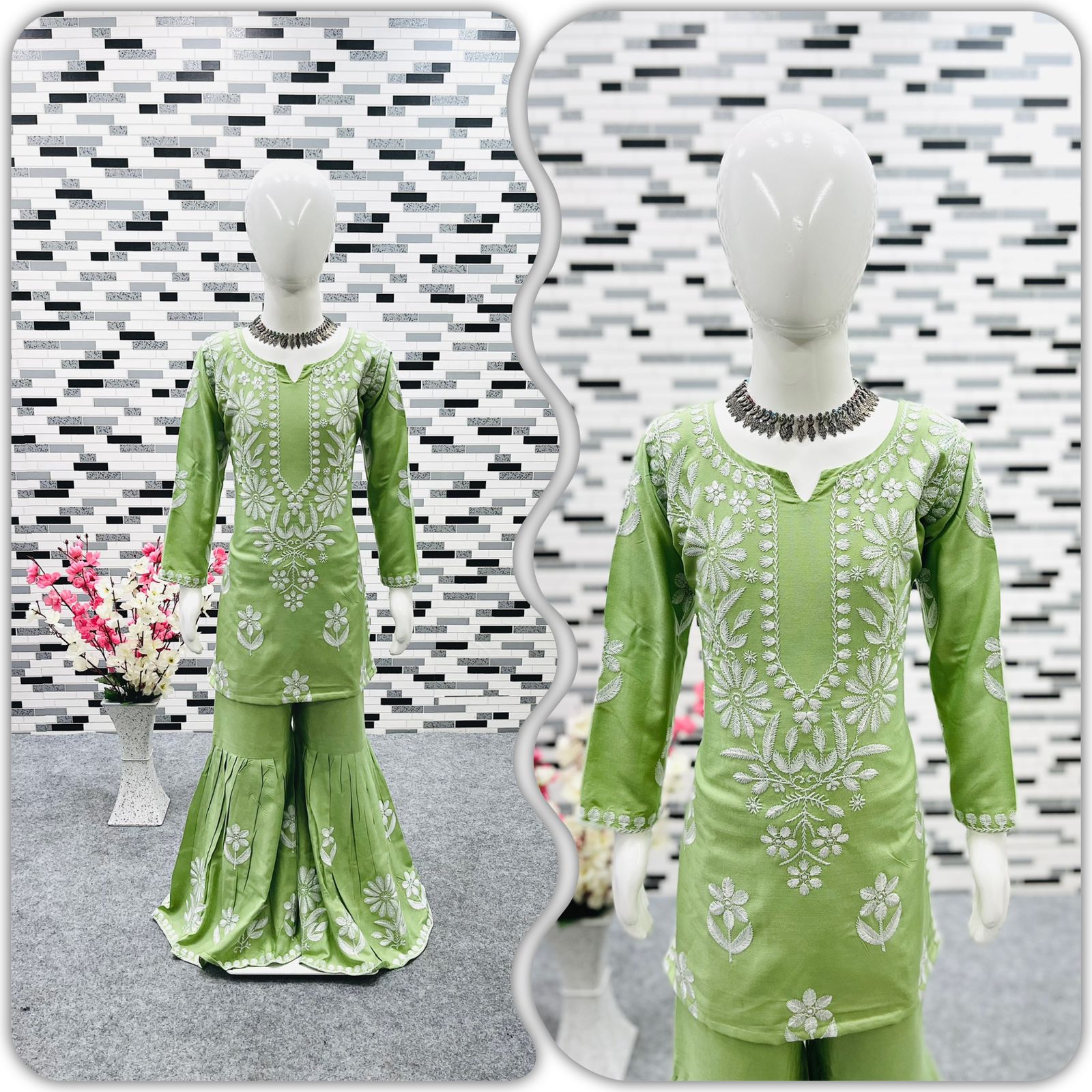 New Designer Heavy Rayon Cotton Top-Sharara OC-140 Green