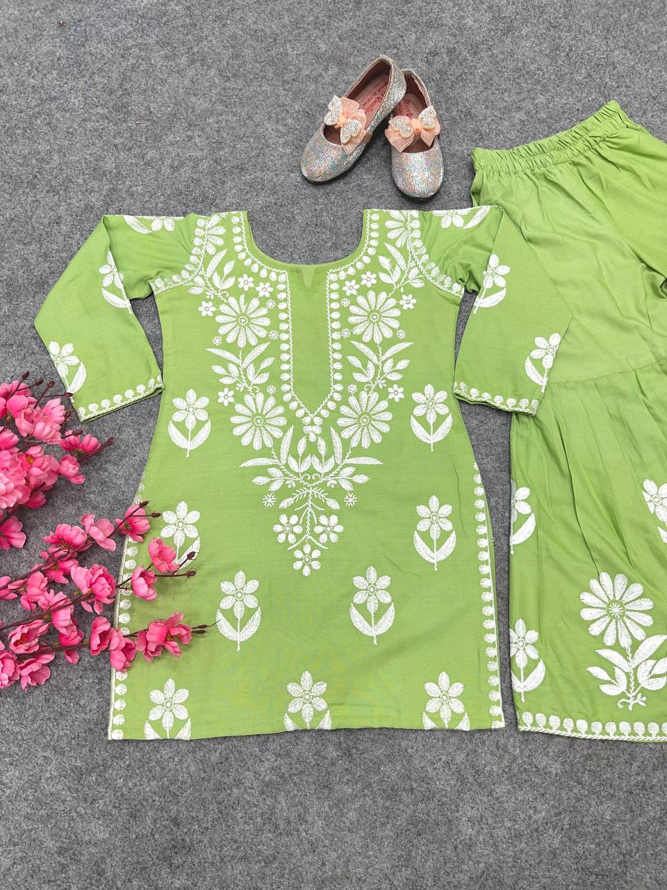 New Designer Heavy Rayon Cotton Top-Sharara OC-140 Green