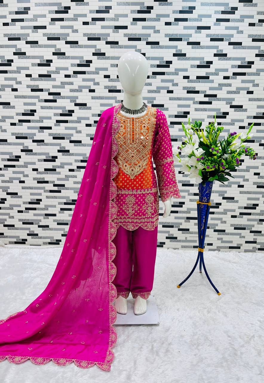 Pure Chinnon With Heavy Embroidery Coding Dori-Sequence Work Top-Bottom And Dupatta Set Fully Stitched OC-186