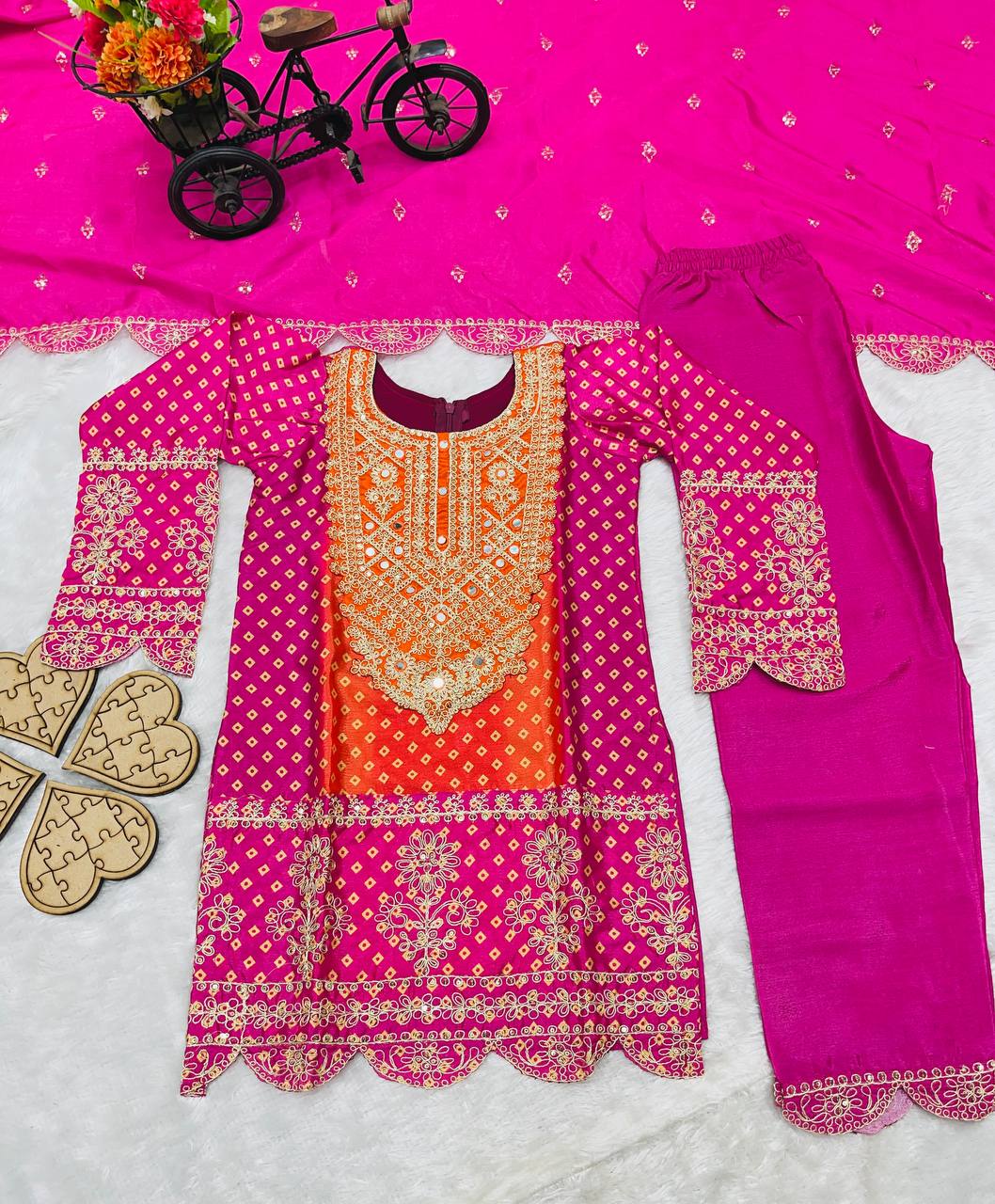 Pure Chinnon With Heavy Embroidery Coding Dori-Sequence Work Top-Bottom And Dupatta Set Fully Stitched OC-186