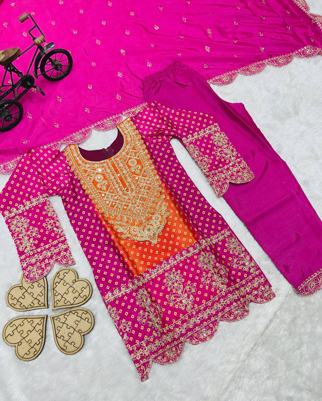 Pure Chinnon With Heavy Embroidery Coding Dori-Sequence Work Top-Bottom And Dupatta Set Fully Stitched OC-186