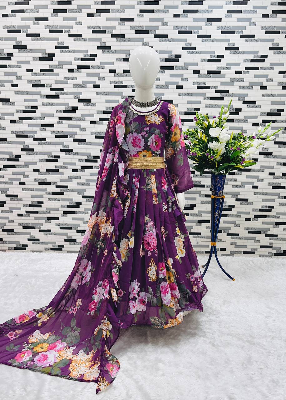 Presenting New Designer Heavy Fox Georgette Gown With Digital Print Work Ready To Wear Collection OC-142-Violet