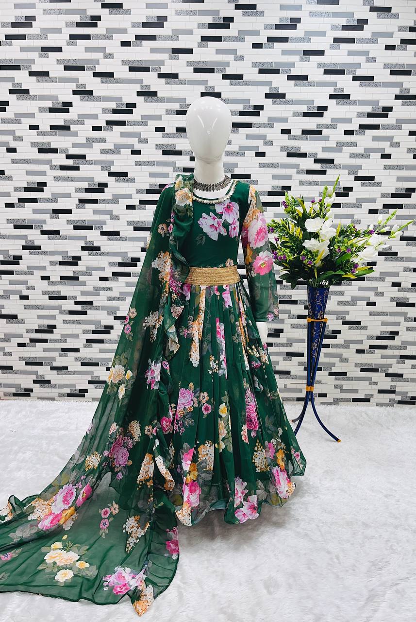 Presenting New Designer Heavy Fox Georgette Gown With Digital Print Work Ready To Wear Collection OC-142-GREEN