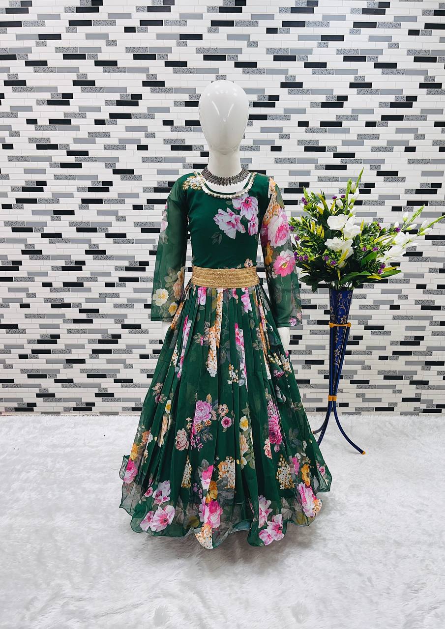 Presenting New Designer Heavy Fox Georgette Gown With Digital Print Work Ready To Wear Collection OC-142-GREEN