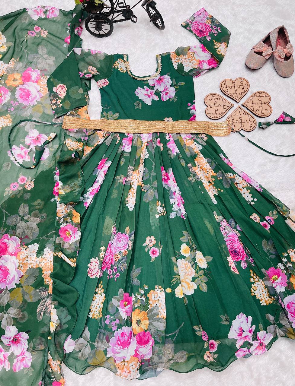 Presenting New Designer Heavy Fox Georgette Gown With Digital Print Work Ready To Wear Collection OC-142-GREEN