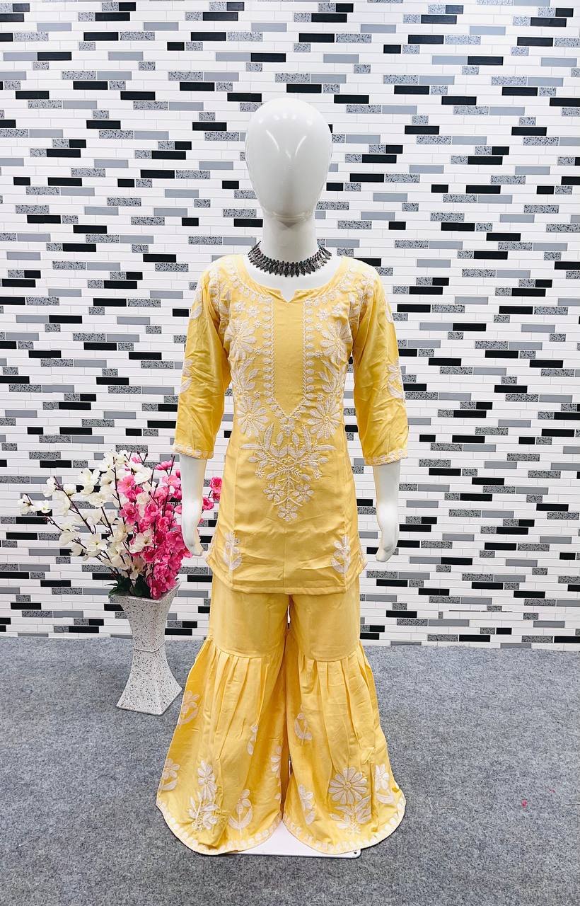 New Designer Heavy Rayon Cotton Top-Sharara OC-140 Yellow